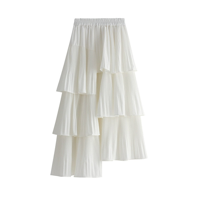 Solid Color Korean Asymmetrical Pleated Skirt