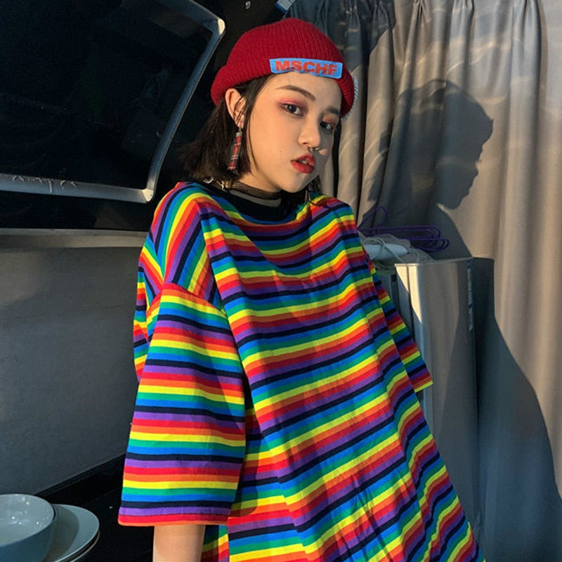 Rainbow Striped O-neck Short Sleeve T-Shirt