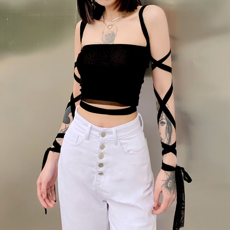 Gothic Black Mesh Lace Up Bandage Crop Top