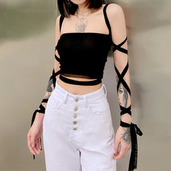 Gothic Black Mesh Lace Up Bandage Crop Top