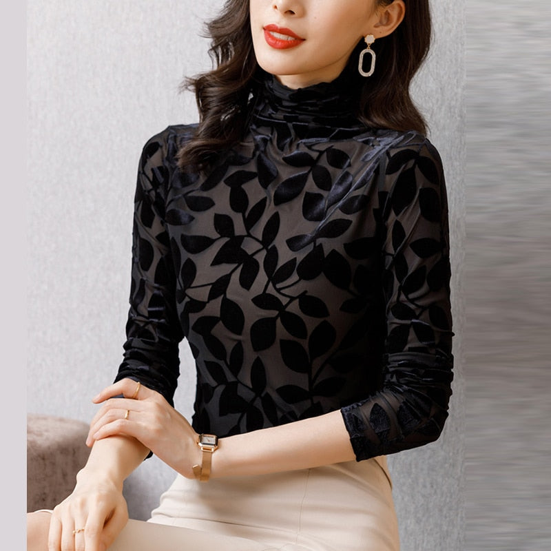 Velvet Black Leaves Long Sleeve Blouse Turtleneck