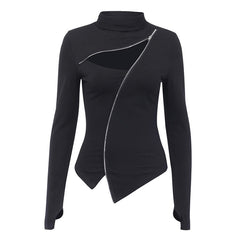 Black Hollow Out Turtleneck Zipper Bodycon SweatShirts