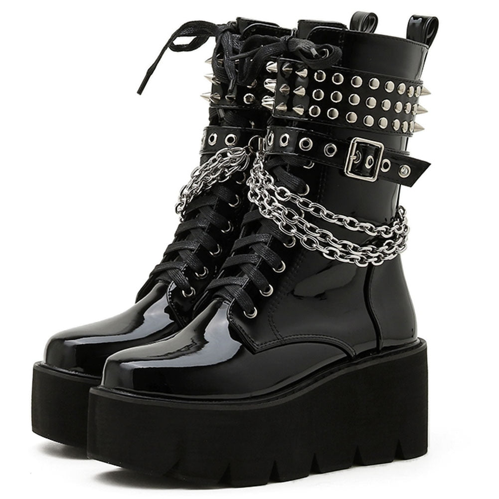 Gothic Chains Round Toe Mid-Calf Boots