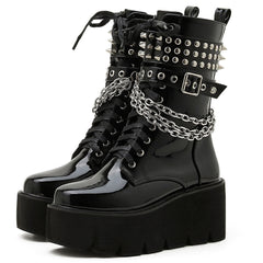 Gothic Chains Round Toe Mid-Calf Boots