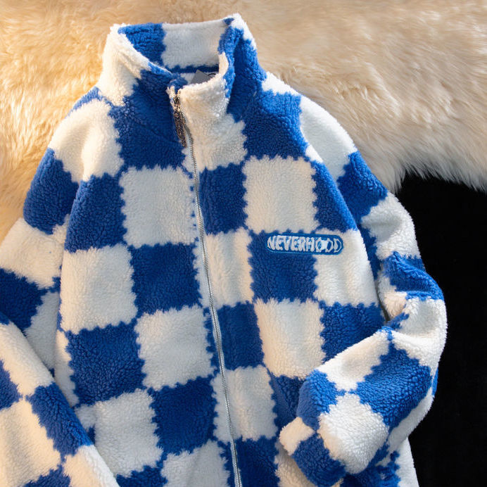 Velvet Checkerboard Stitching Zipper Jacket