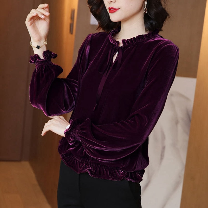 Vintage Long Sleeve Velvet Ruffled Shirt