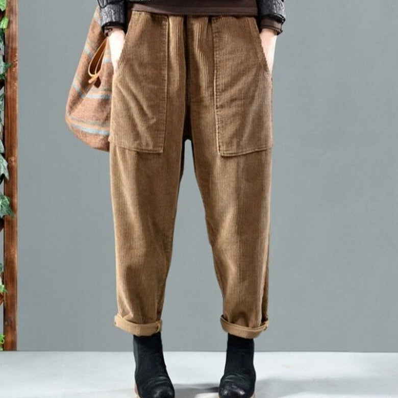 Solid Color Corduroy Harem Elastic And High Waist Pants