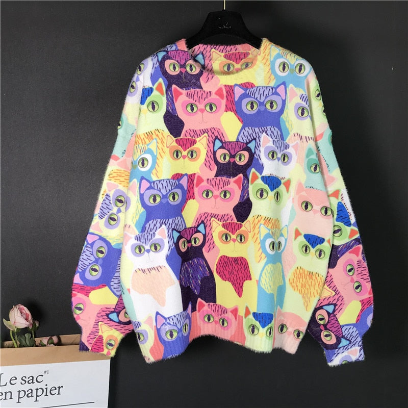 Cartoon Animal Cat Embroidery Pullover Knitting Sweater