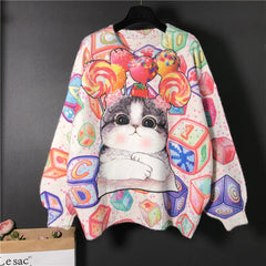 Cartoon Animal Cat Embroidery Pullover Knitting Sweater