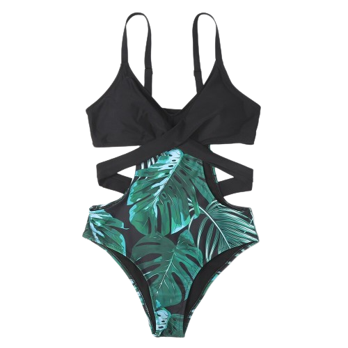 Palm Tree One-Piece Cross Strap Trikini