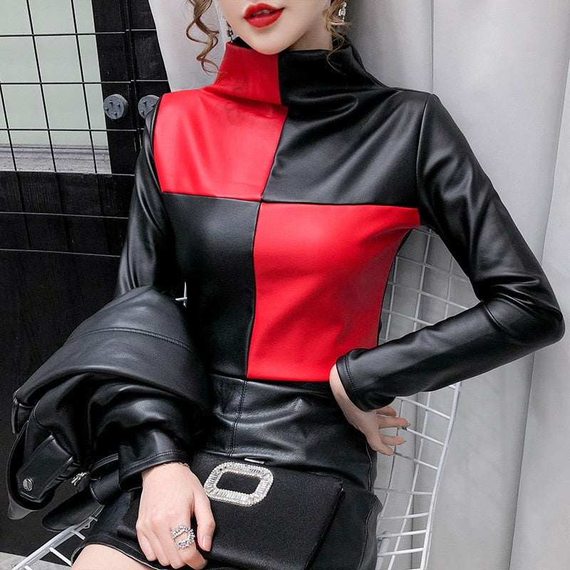 Long Sleeve Plus PU Leather Women Tops