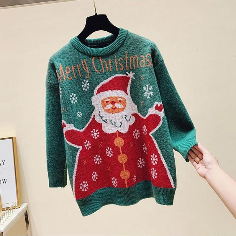 Tree and Santa Claus Loose O-neck Knit Pullover Sweater