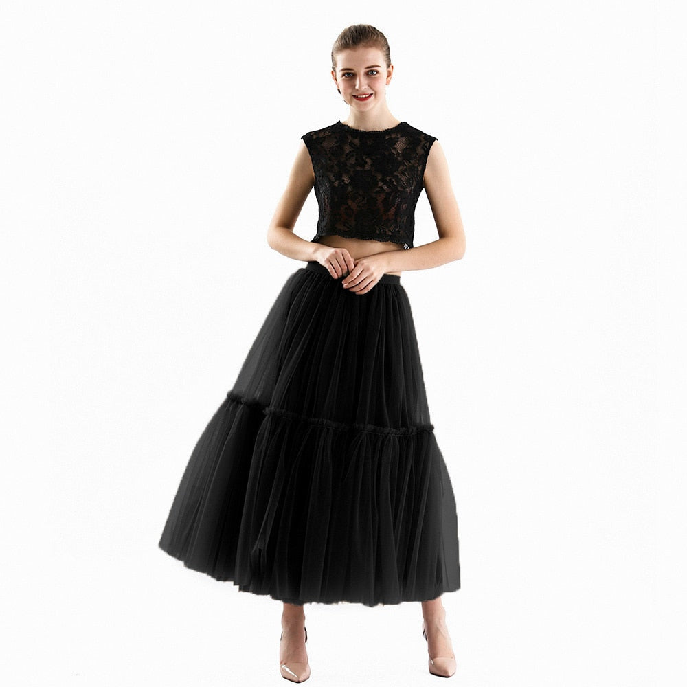 Long Tulle Black Pleated Skirt