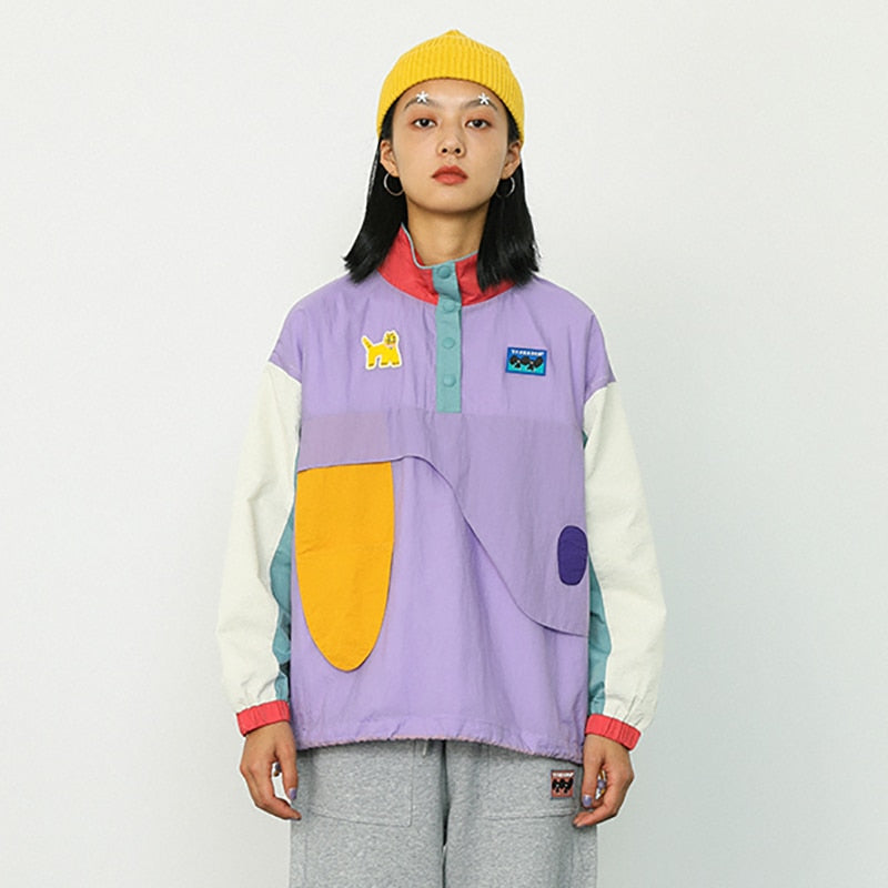 Cartoon Color Block Long Sleeve Patch Coat