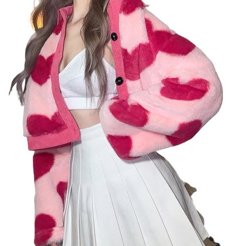 Pink Cropped Jacket Faux Fur Hearts