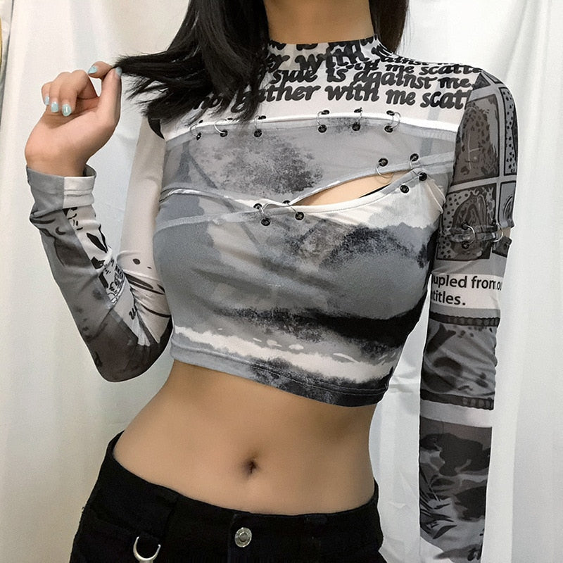 Metal Ring Hollow Out Mesh  Top