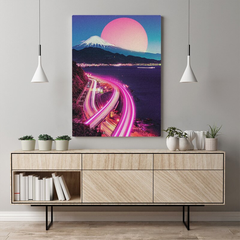 Neon City Synthwave Vaporwave Poster Canvas