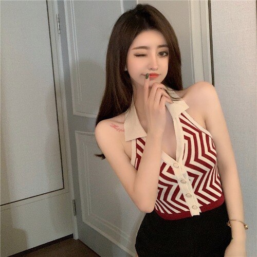 Striped Pattern Knitted Backless Crop Top