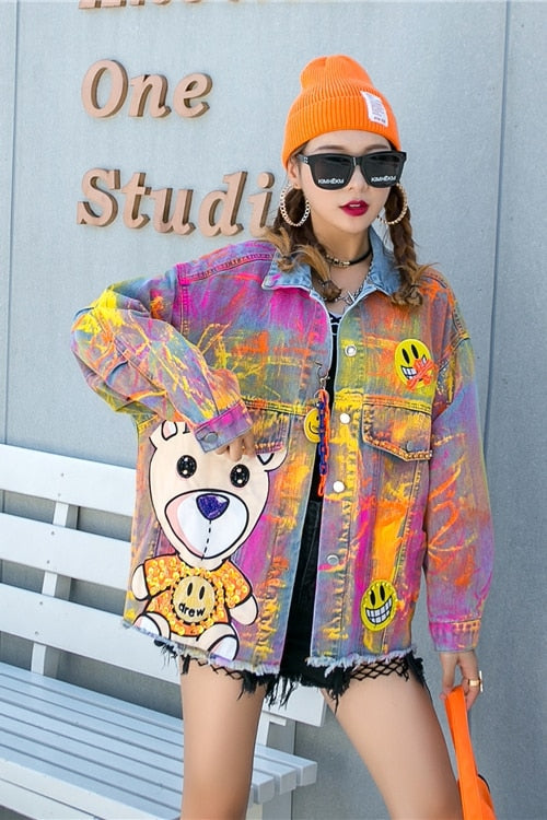 Cute Bear Colorful Graffiti Denim Jacket