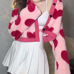 Pink Cropped Jacket Faux Fur Hearts