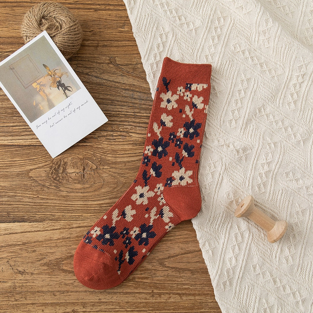 Solid Color Floral Socks