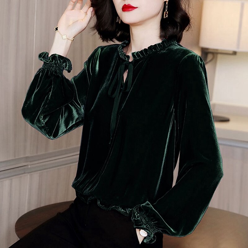 Vintage Long Sleeve Velvet Ruffled Shirt