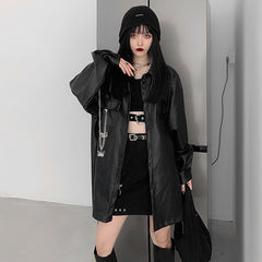 Japanese Harajuku Style Casual Loose Metal Chain Decoration Leather Shirt Plus Velvet Street Jacket Ins Trend Top Leather Jacket