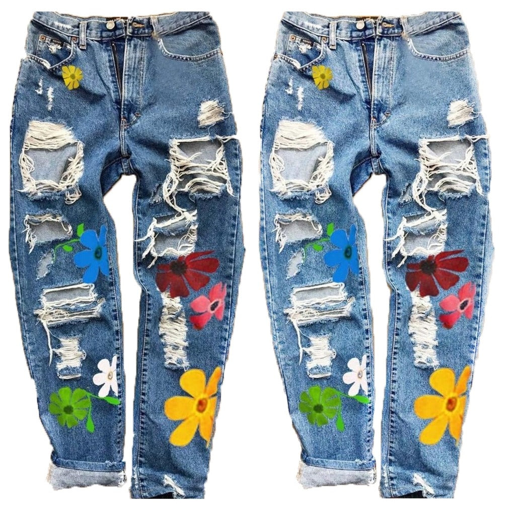 Distressed With Printed Flowers Pants