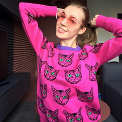 Psychedelic Cat Print Knitted Sweaters