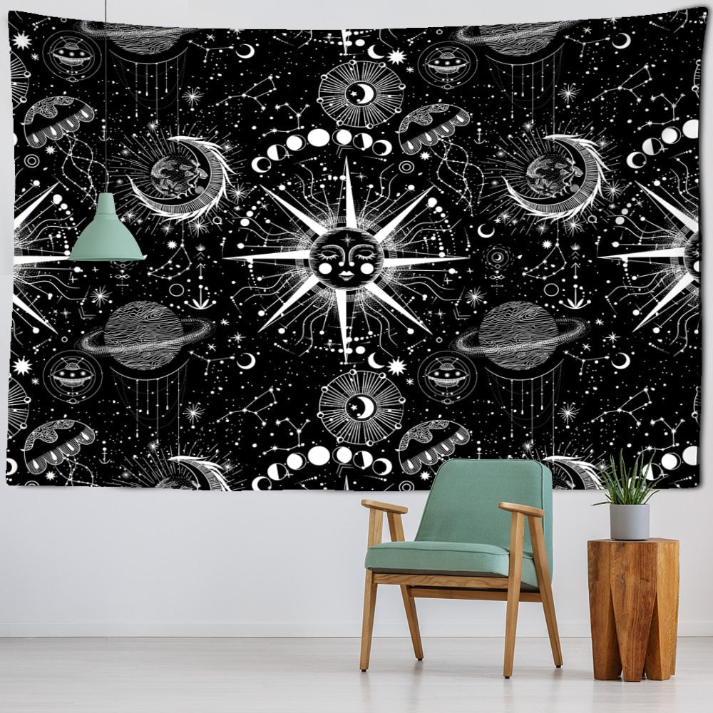 White Black Sun Moon Mandala Starry Sky Tapestry Wall