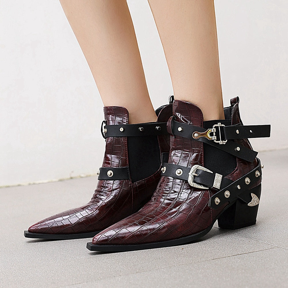 Gothic Pointed Toe Square Heels Ankle Boots