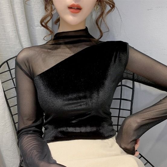 High Collar Close Fitting Velvet Blouse