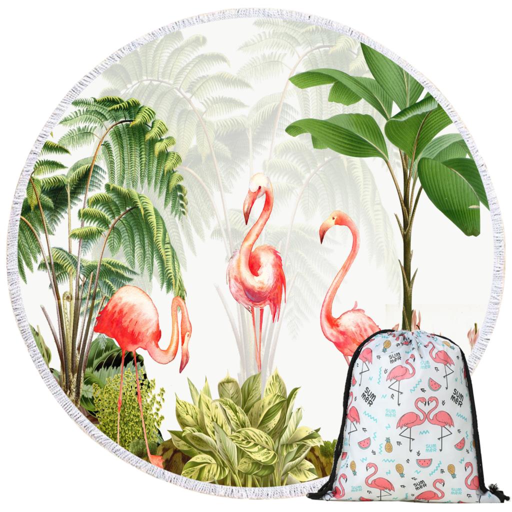 Round Beach Flamingo Towel With Drawstring