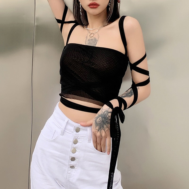 Gothic Black Mesh Lace Up Bandage Crop Top