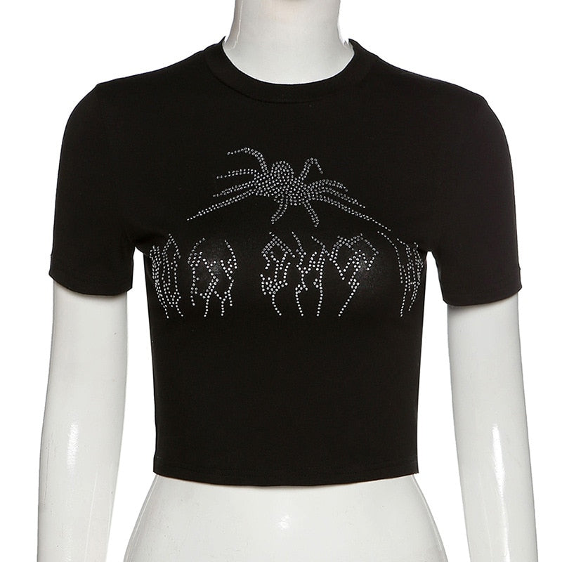 Spider Goth Rhinestone Crop Top