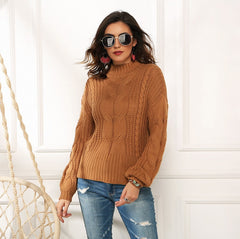 Turtleneck Solid Color Ribbed Knitted Sweater