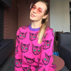Psychedelic Cat Print Knitted Sweaters