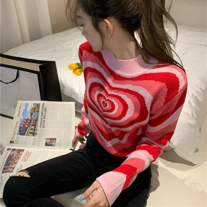 Striped Heart Pink Knitted Sweater