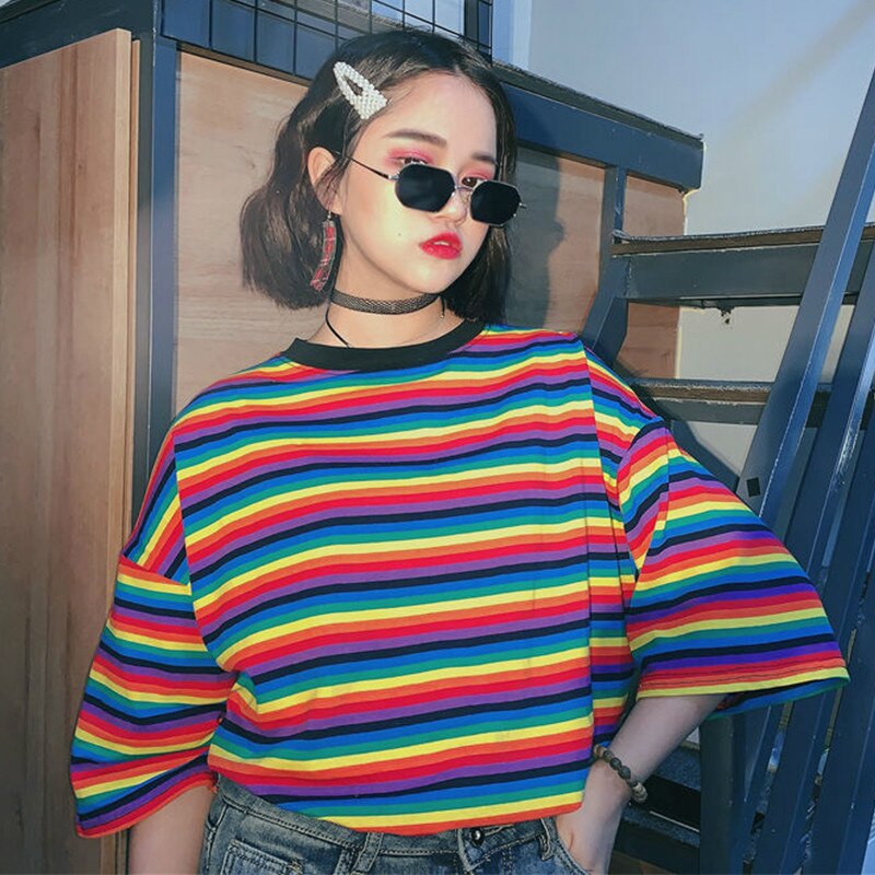 Rainbow Striped O-neck Short Sleeve T-Shirt