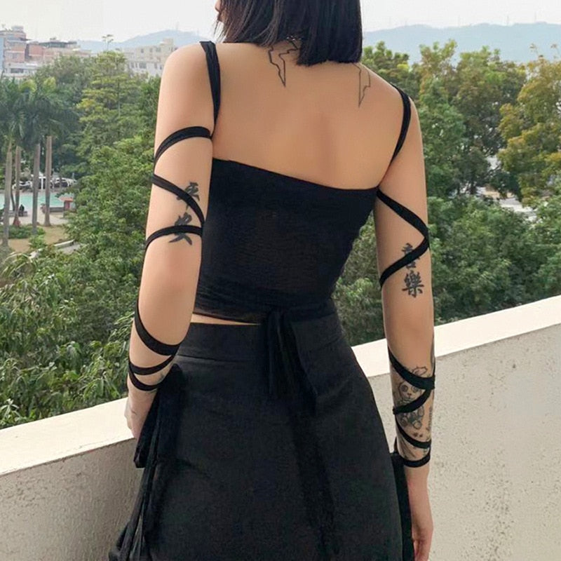 Gothic Black Mesh Lace Up Bandage Crop Top