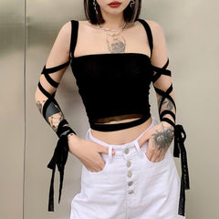 Gothic Black Mesh Lace Up Bandage Crop Top