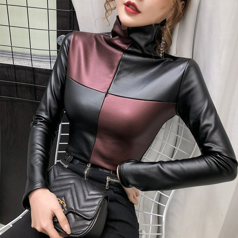 Long Sleeve Plus PU Leather Women Tops