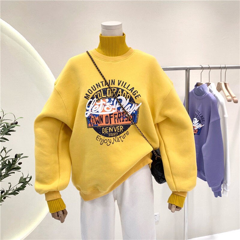 High Neck Letter Print Thick Warm Sweatshirt