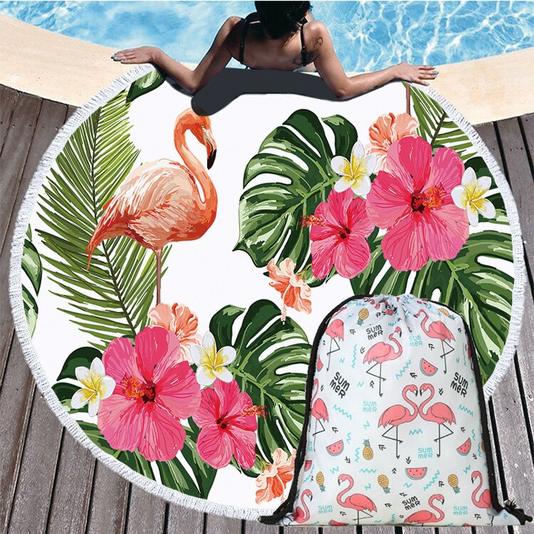 Round Beach Flamingo Towel With Drawstring