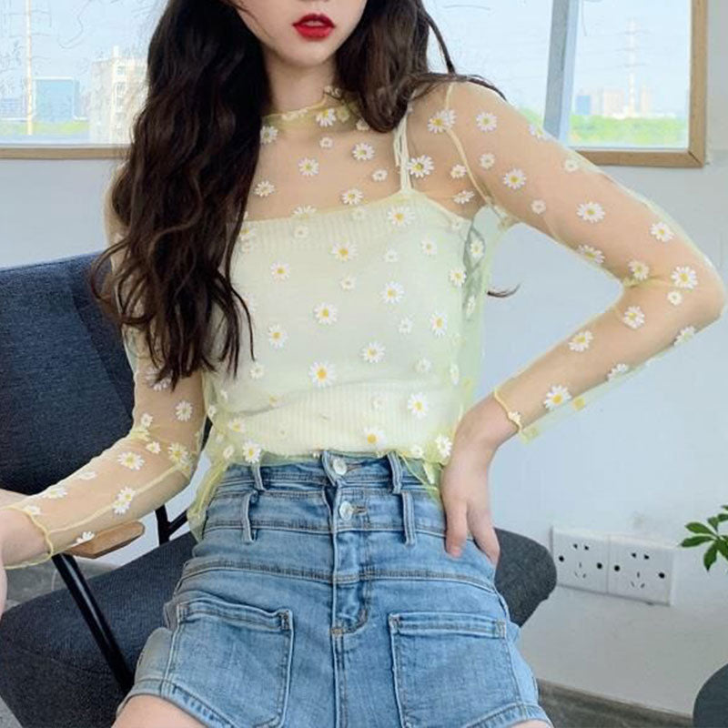 Korean Flower Print Mesh Shirt