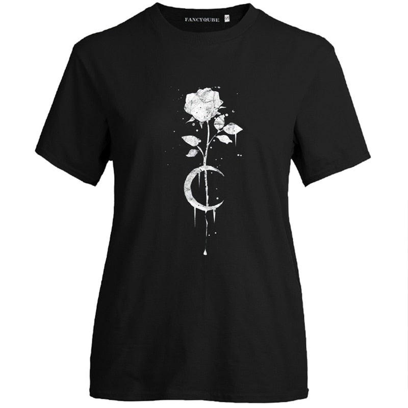 Rose Moon Gothic Black Short Sleeves T-shirt