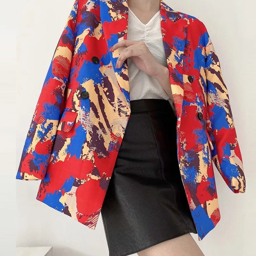 Multicolored Loose Double Breasted Blazer With Pockets