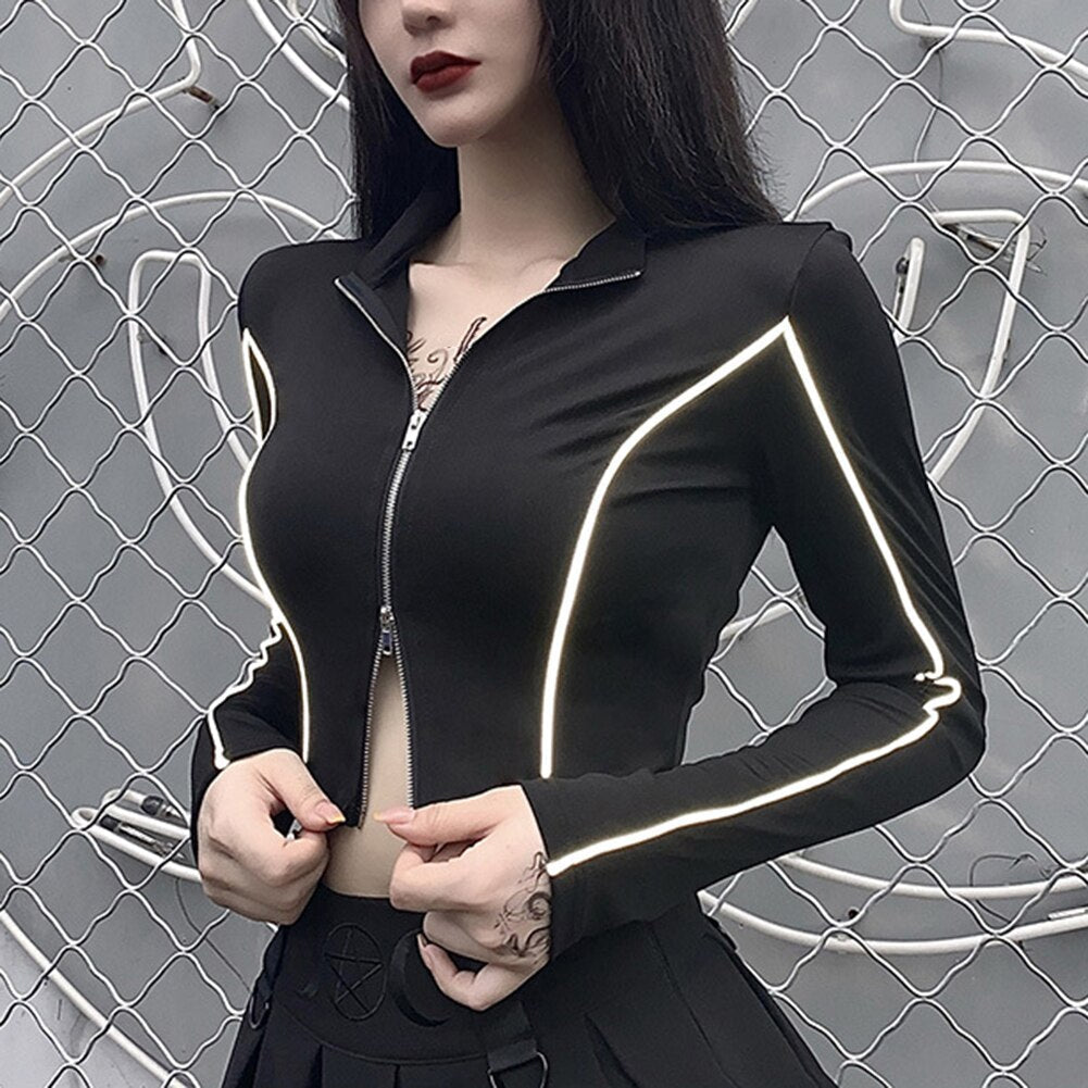 Reflective Double Zipper Long Sleeve Crop-Top