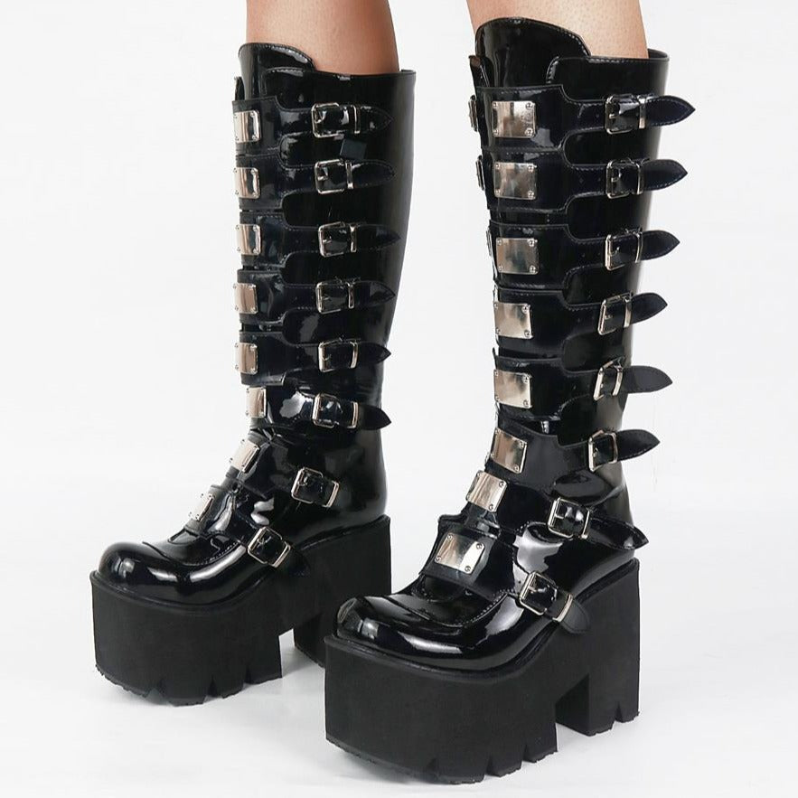 High Platform Metal Buckle Wedges Gothic Boots