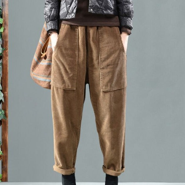 Solid Color Corduroy Harem Elastic And High Waist Pants